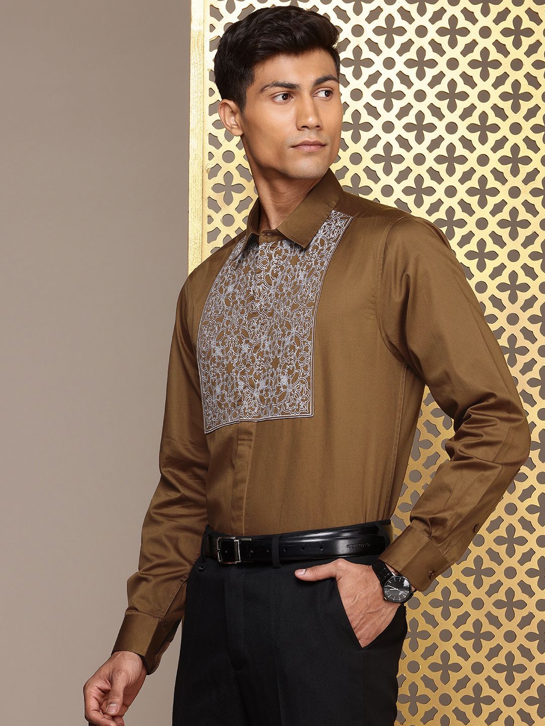 House of Pataudi Red Carpet Pure Cotton Embroidered Opaque Party Shirt