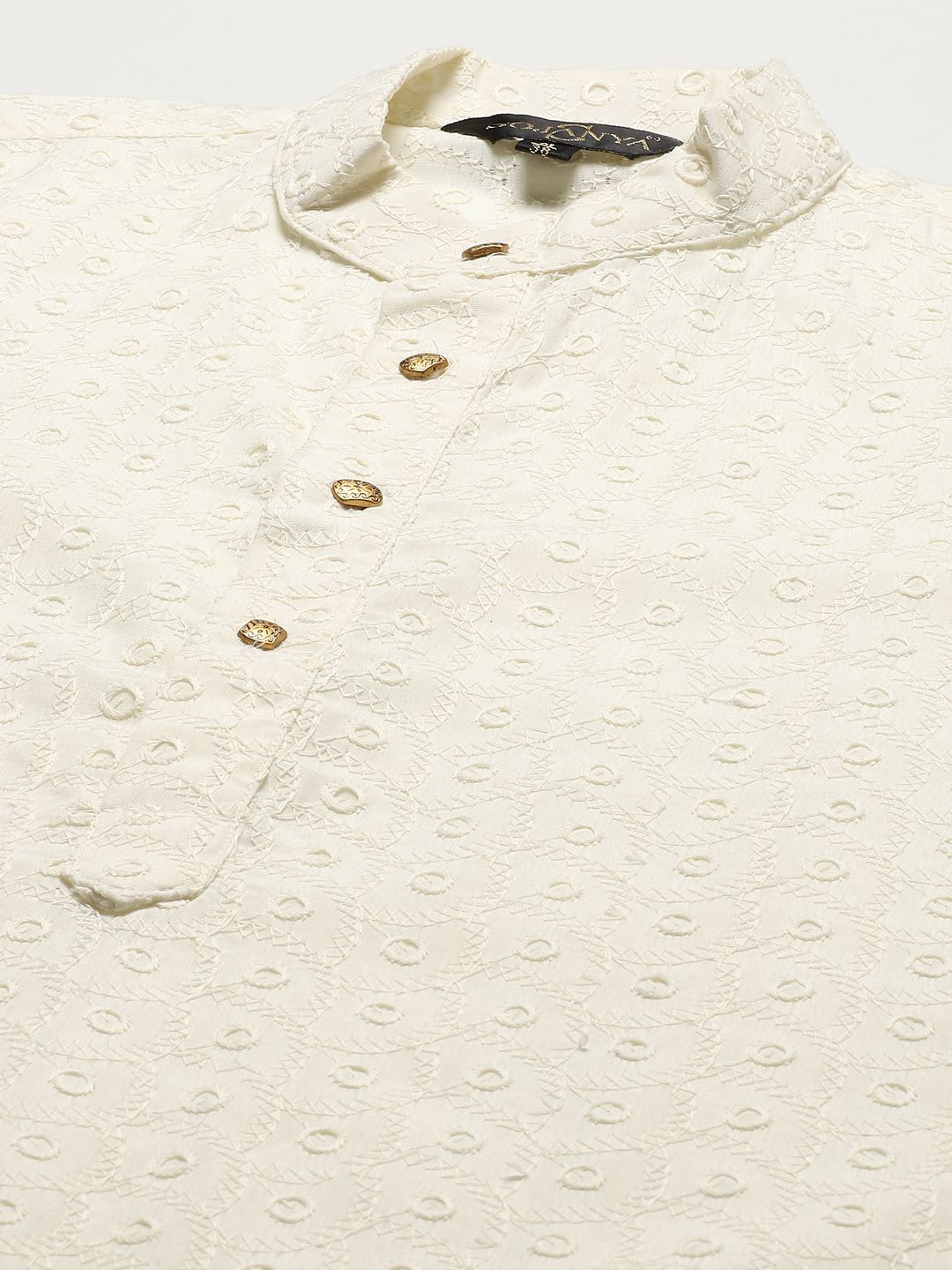 SOJANYA Men Cream-Coloured Chikankari Pure Cotton Kurta with Churidar & Nehrujacket