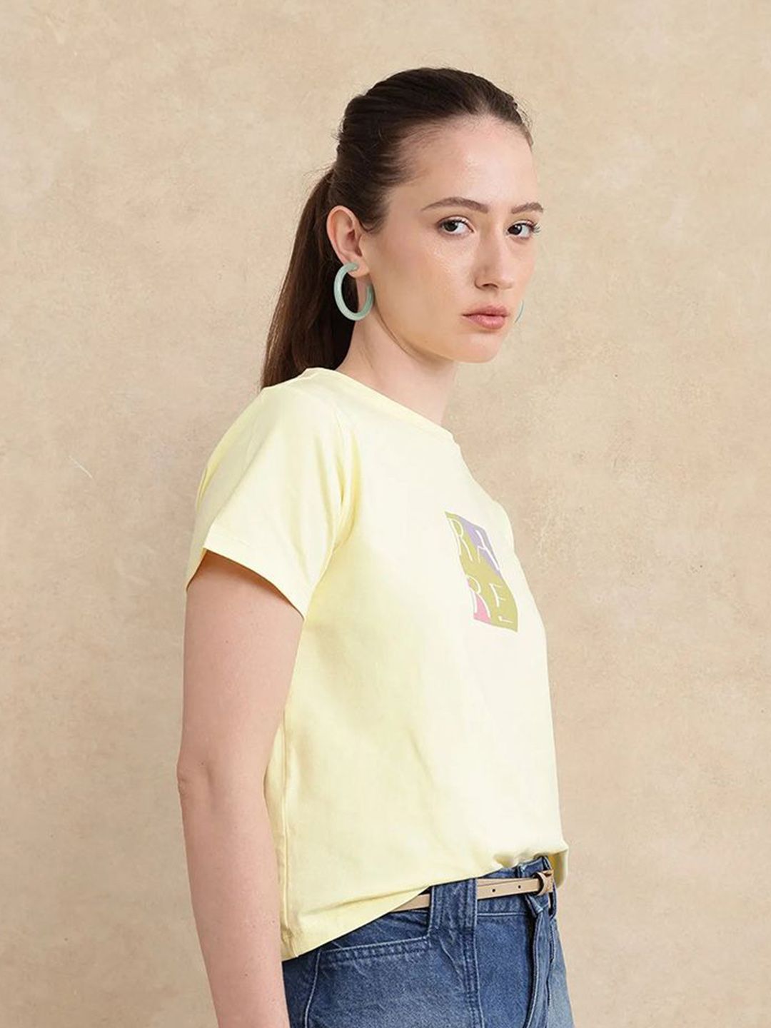 RAREISM Women Typography Printed Round Neck Cotton T-shirt