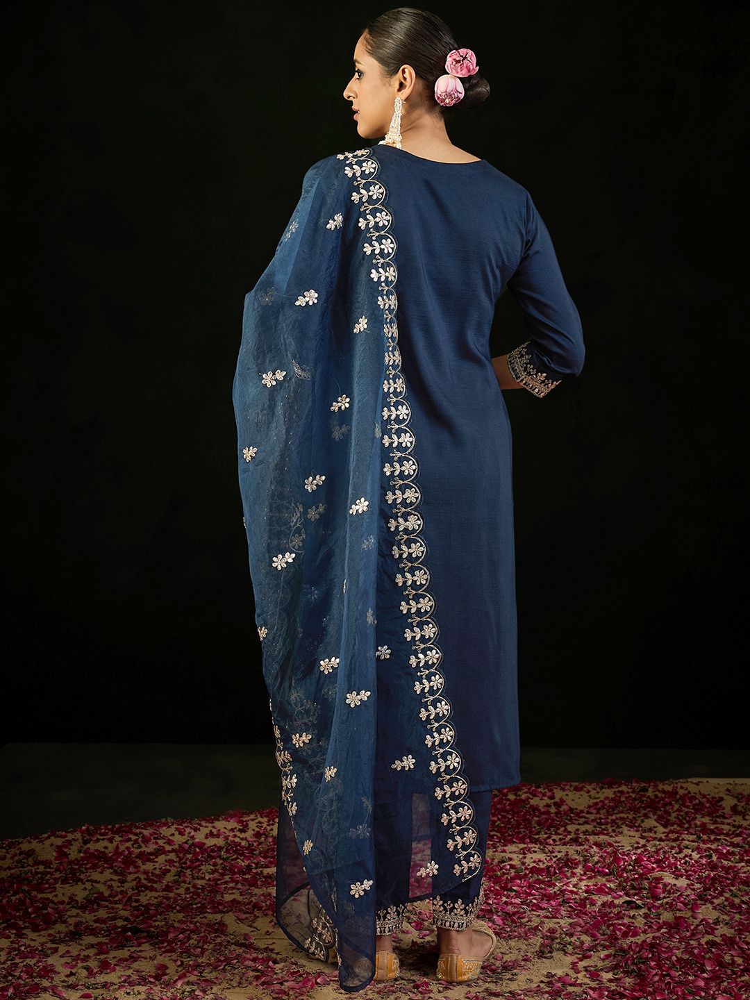 Indo Era Notched Neck Ethnic Motifs Embroidered Gotta Patti Kurta with Trouser & Dupatta
