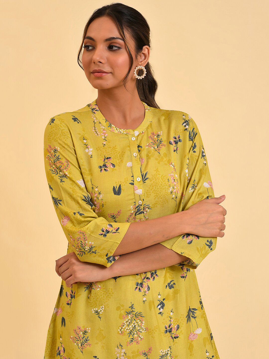 W Yellow Floral Printed Mandarin Collar Top