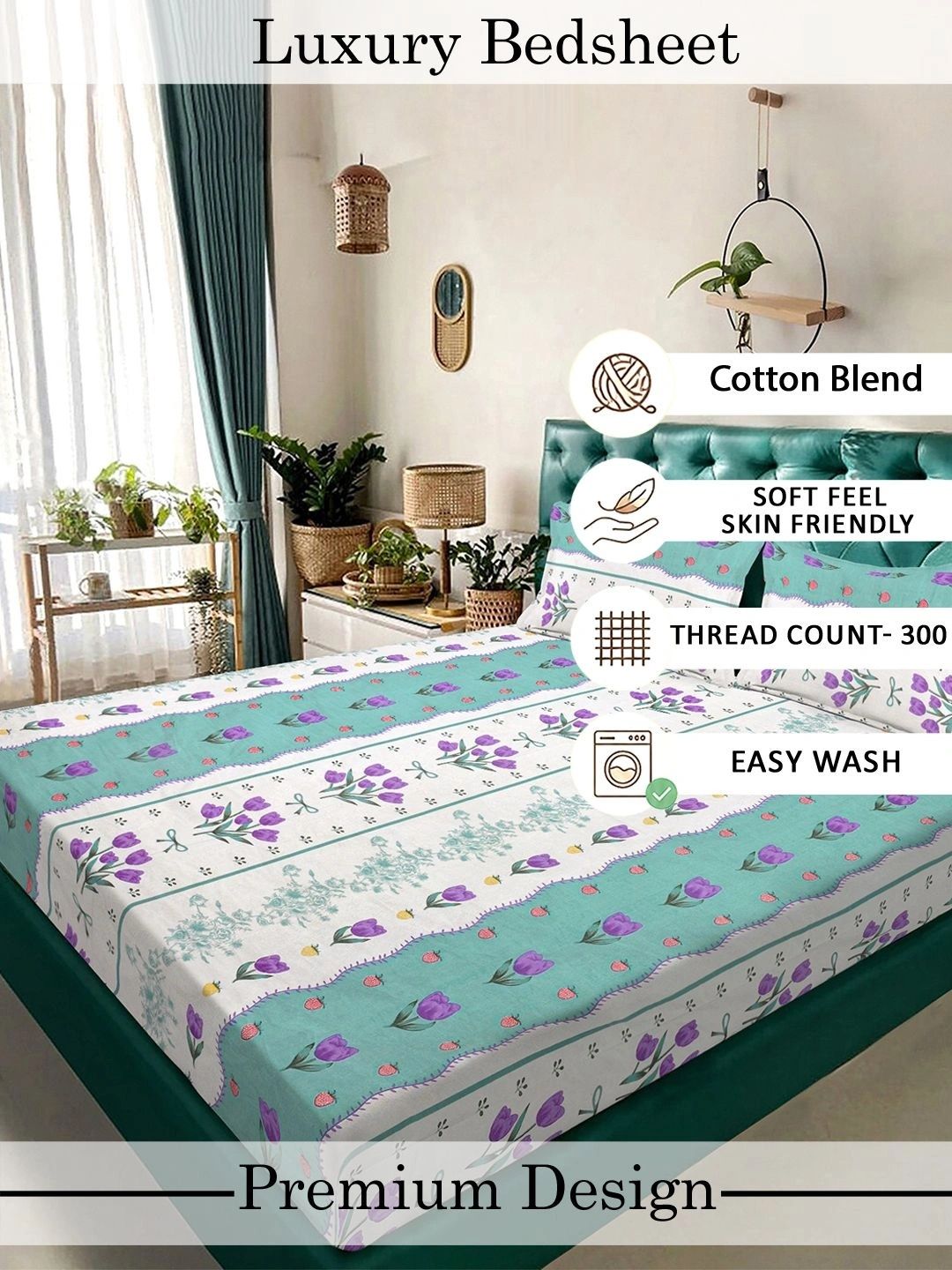 Moda Rapido X KLOTTHE Green & Purple Floral 300 TC King Bedsheet with 2 Pillow Covers