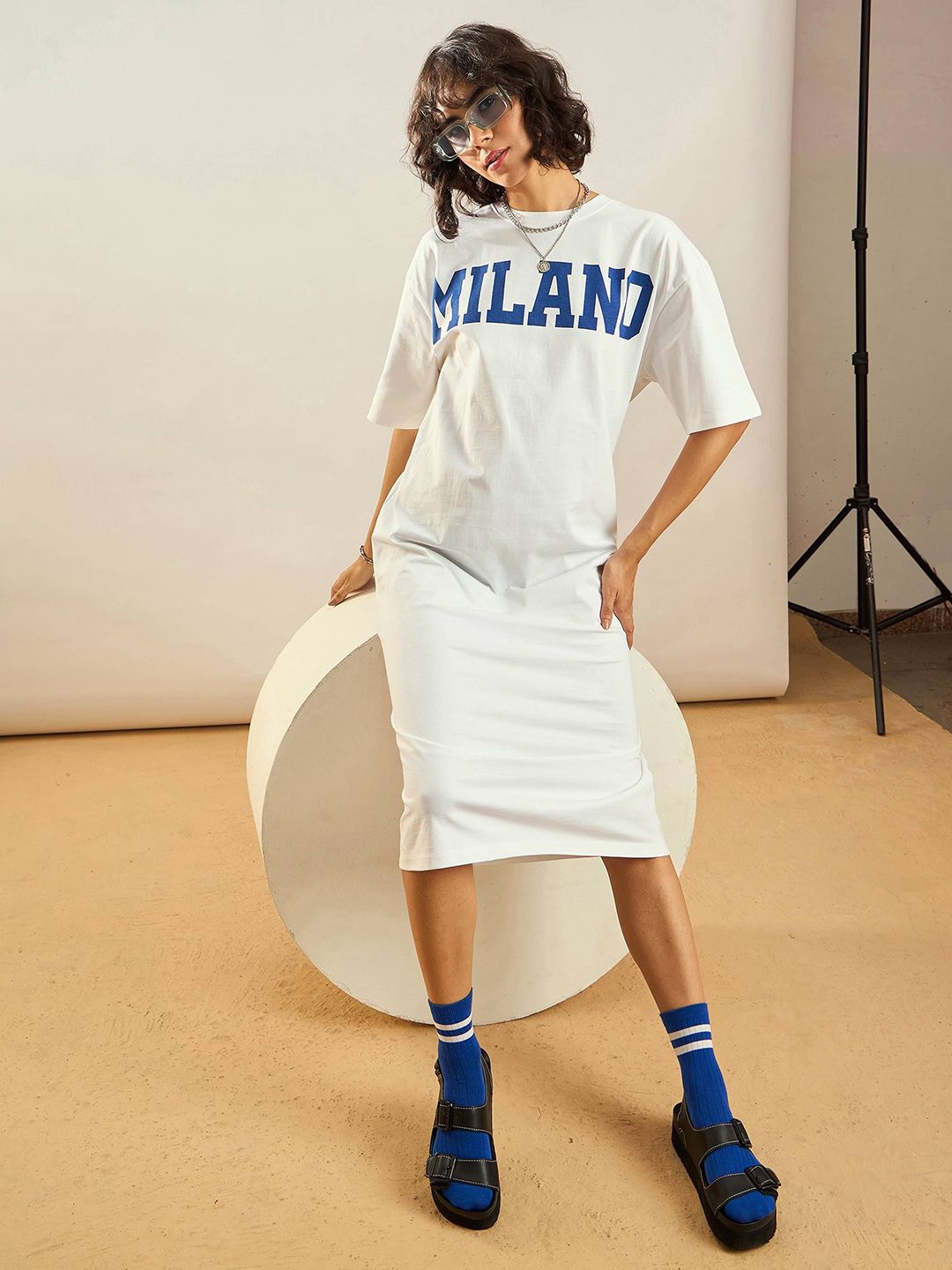 SASSAFRAS White Typographic Printed Pure Cotton Oversized T-shirt Dress