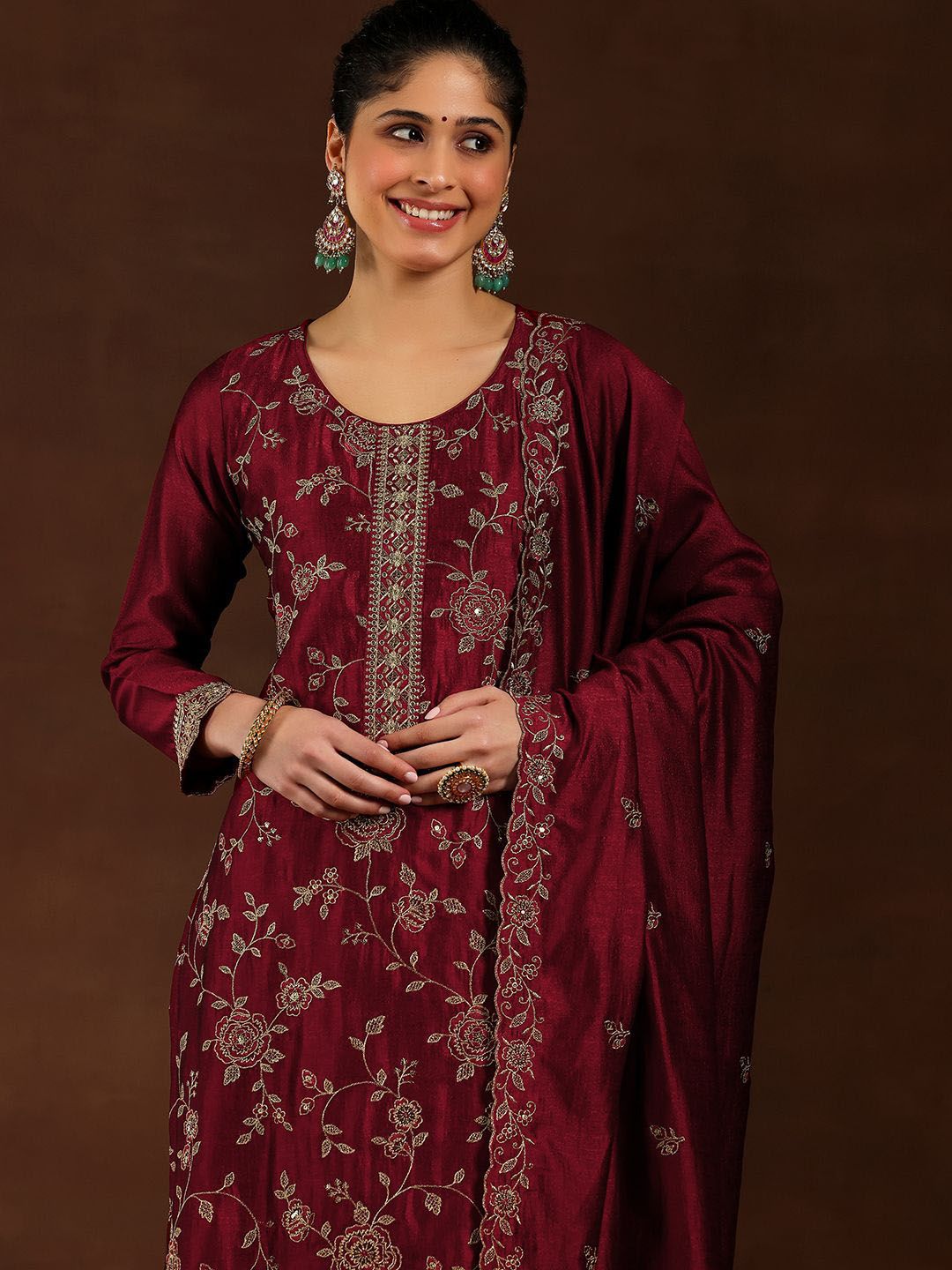 Libas Women Embroidered Regular Sequinned Kurta with Trousers & With Dupatta