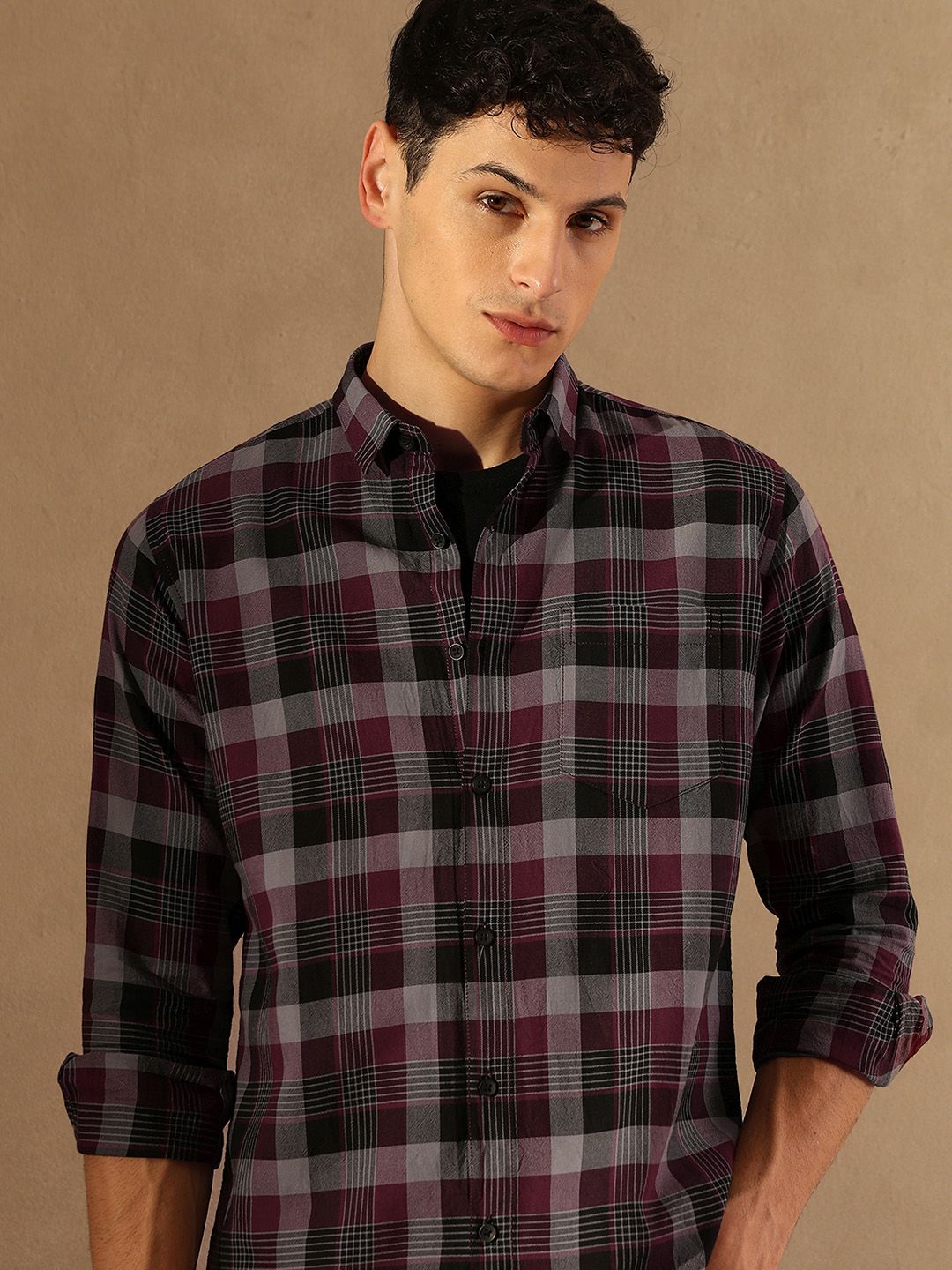 DENNISON Smart Tartan Checked Spread Collar Casual Shirt