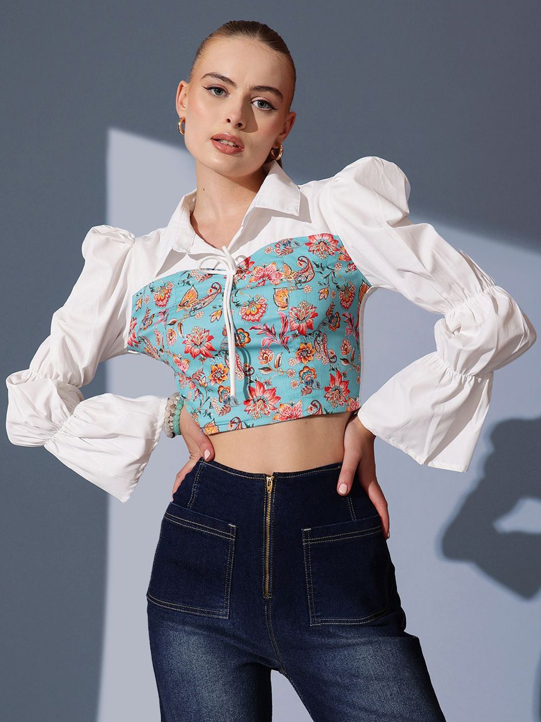 STREET 9 Floral Printed Pure Cotton Crop Shirt Style Top