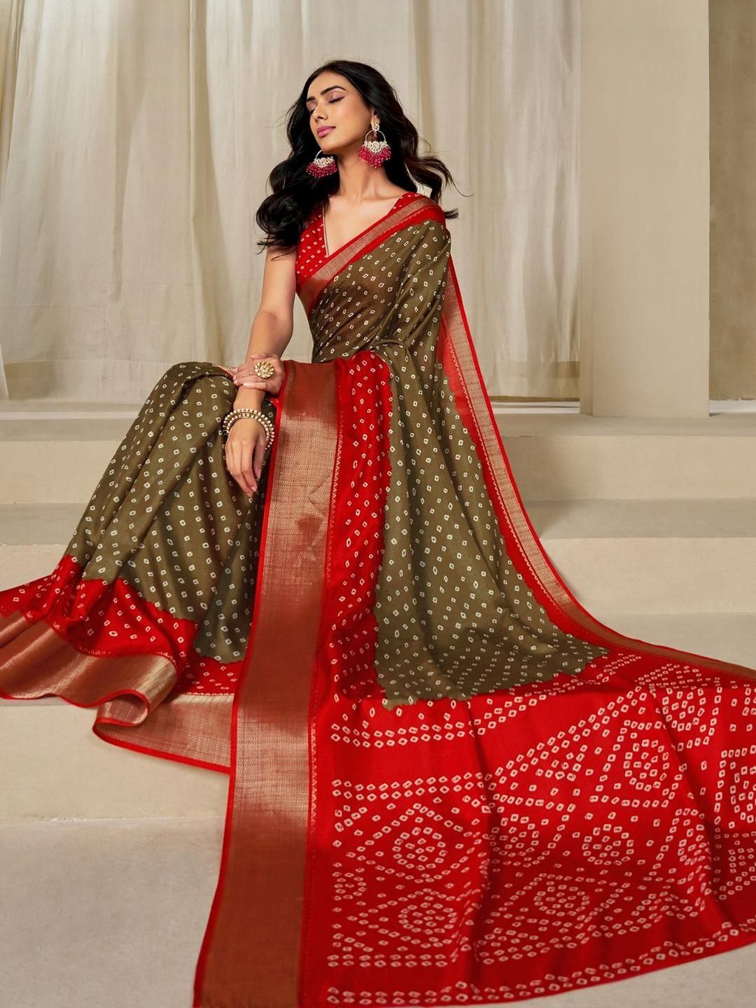 Kalini Wanita Dola Silk Bandhani Print Zari Sempadan Saree