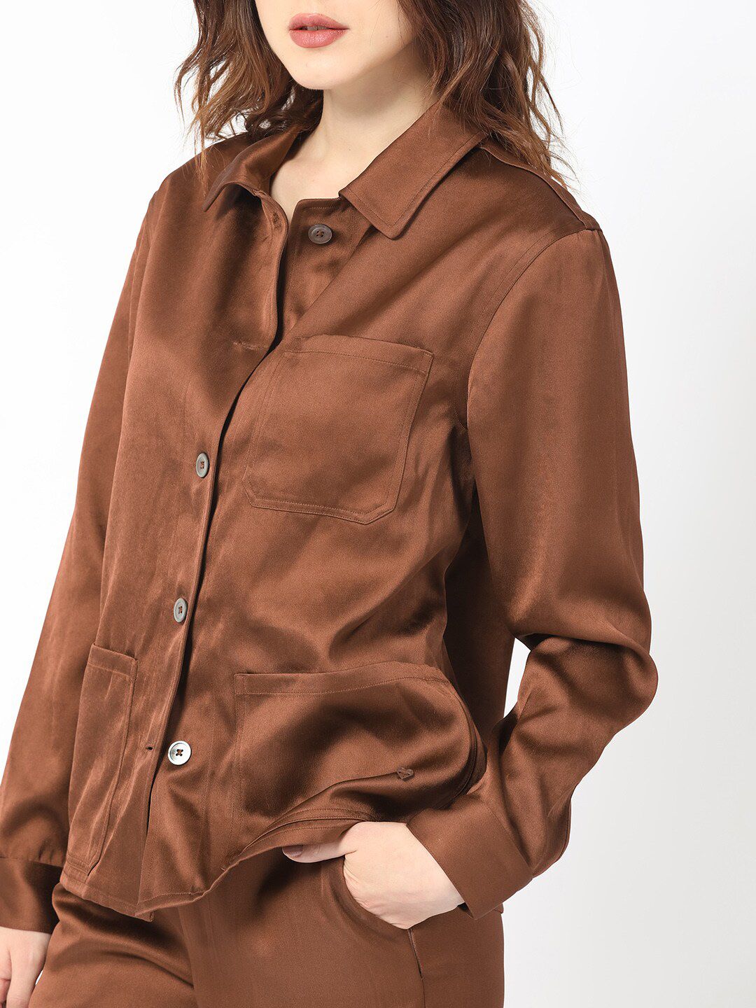 RAREISM Spread Collar Boxy Satin Shacket