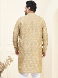 SOJANYA PLUS Men Beige & Golden Jacquard Silk Woven Design Straight Kurta