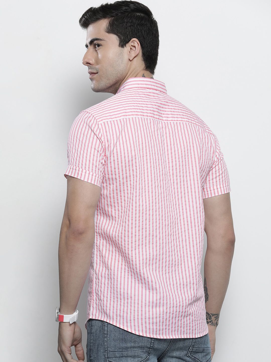 The Indian Garage Co Men Pink Comfort Striped Regular Fit Cotton Casual Shirt
