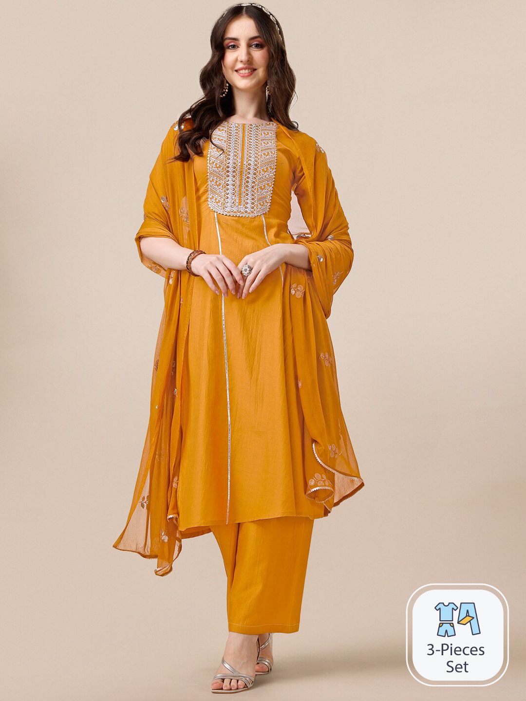 KALINI Ethnic Motifs Embroidered Sequinned A-Line Kurta With Palazzos & Dupatta
