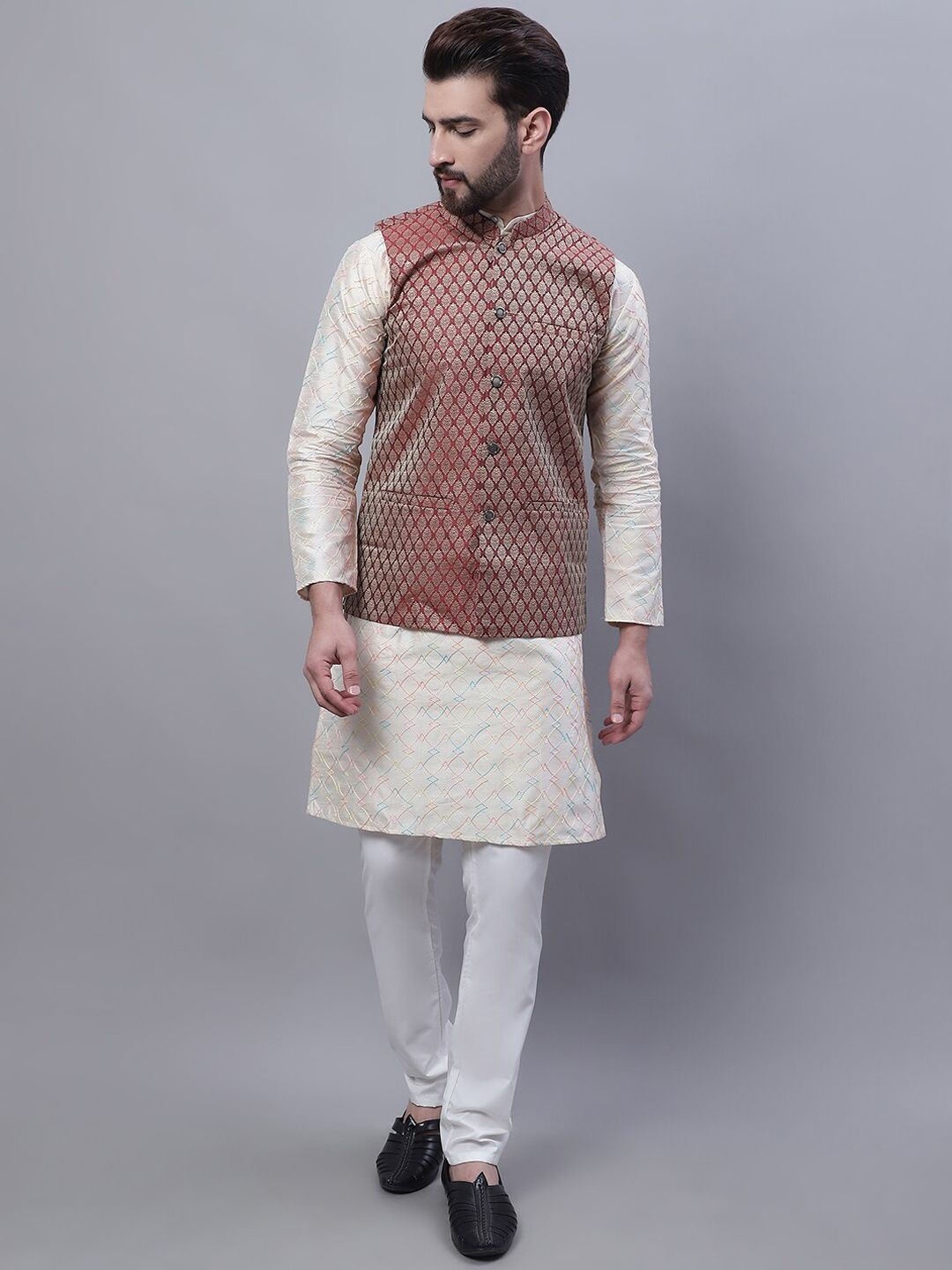 SOJANYA Embroidered Straight Kurta With Churidar And Nehru Jacket