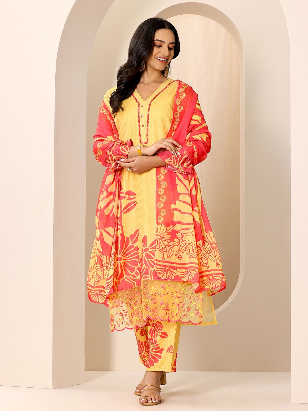 Libas Floral Printed V-Neck Kurta With Trousers And Dupatta