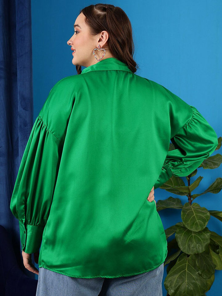 CURVY STREET Plus Size Comfort Oversized Puffed Sleeves Satin Casual Shirt
