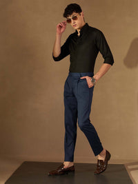 DENNISON Men Navy Blue Solid Smart Tapered Fit Easy Wash Pleated Cotton Formal Trousers