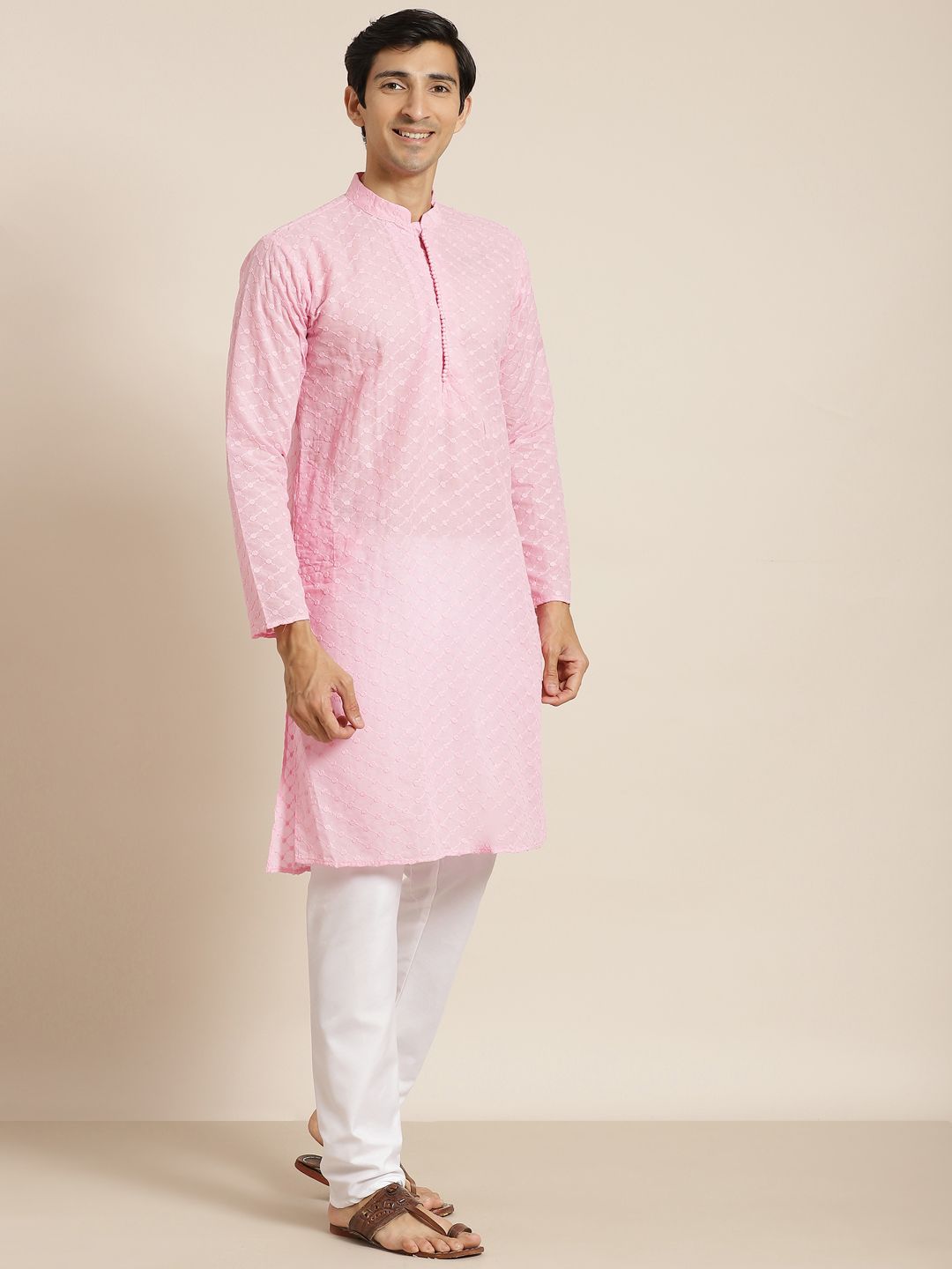 SOJANYA Men Pink Ethnic Motifs Chikankari Pure Cotton Kurta with Churidar & Nehru Jacket