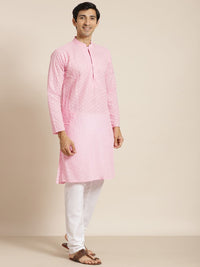 SOJANYA Men Pink Ethnic Motifs Chikankari Pure Cotton Kurta with Churidar & Nehru Jacket