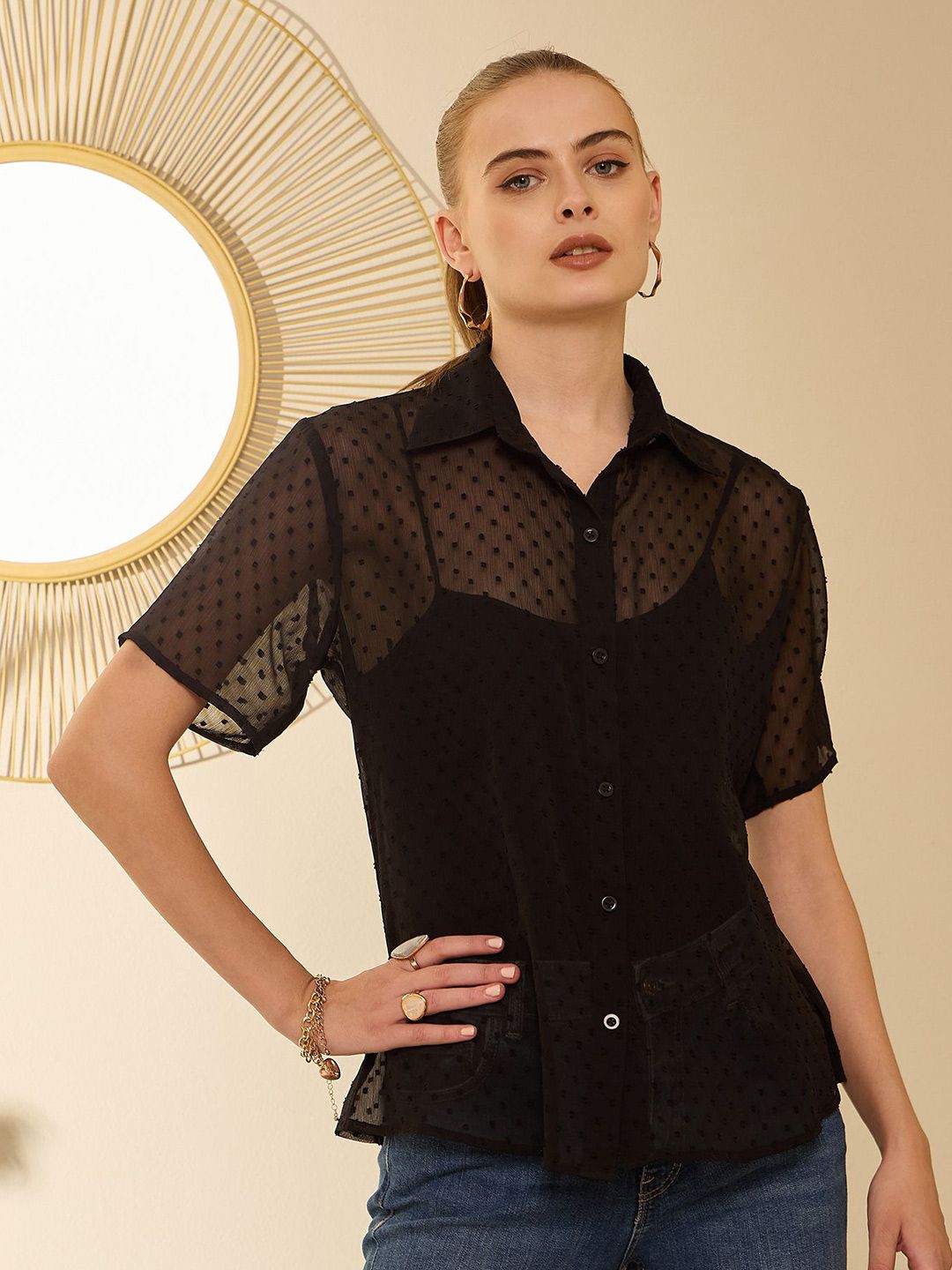 Berrylush Women Sheer Spread Collar Casual Shirt
