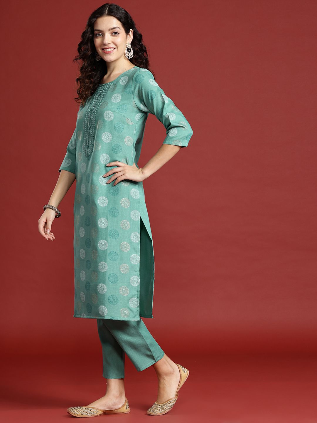 Anouk Ethnic Motifs Foil Printed Regular Sequinned Kurta with Trousers & Dupatta