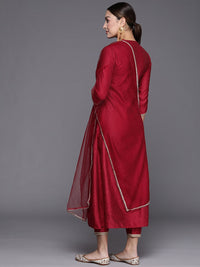 Indo Era Women Striped High Slit Thread Work Liva Kurta With Trousers & Dupatta