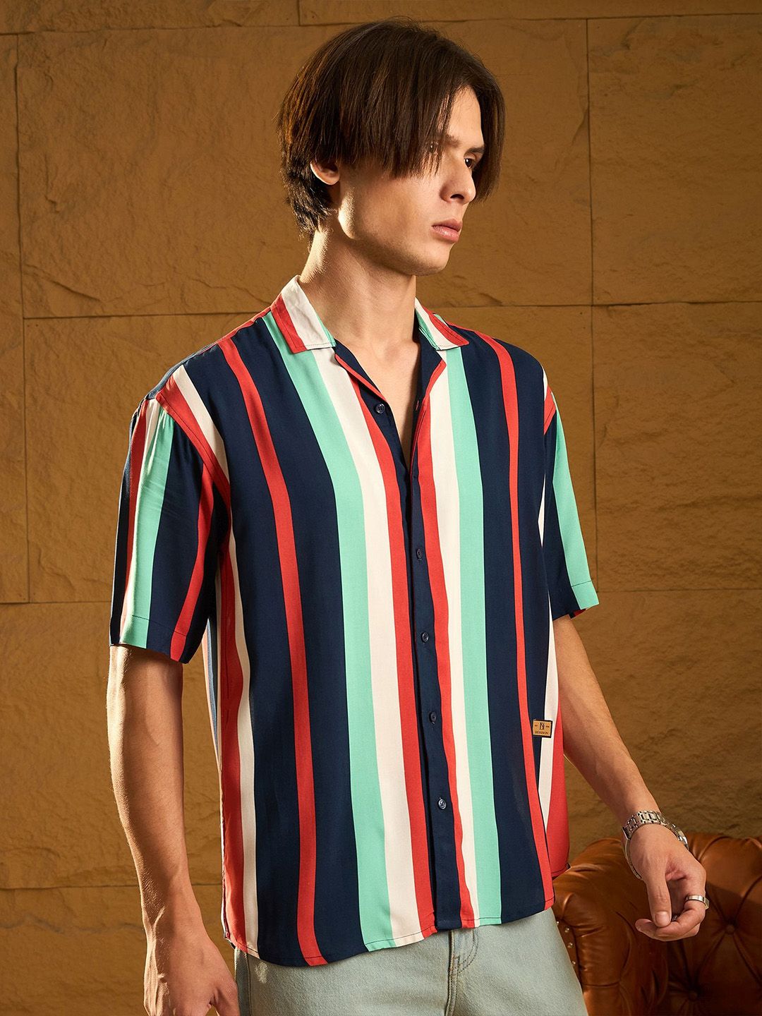 DENNISON Men Relaxed Cuban Collar Vertical Striped Oversized Casual Shirt