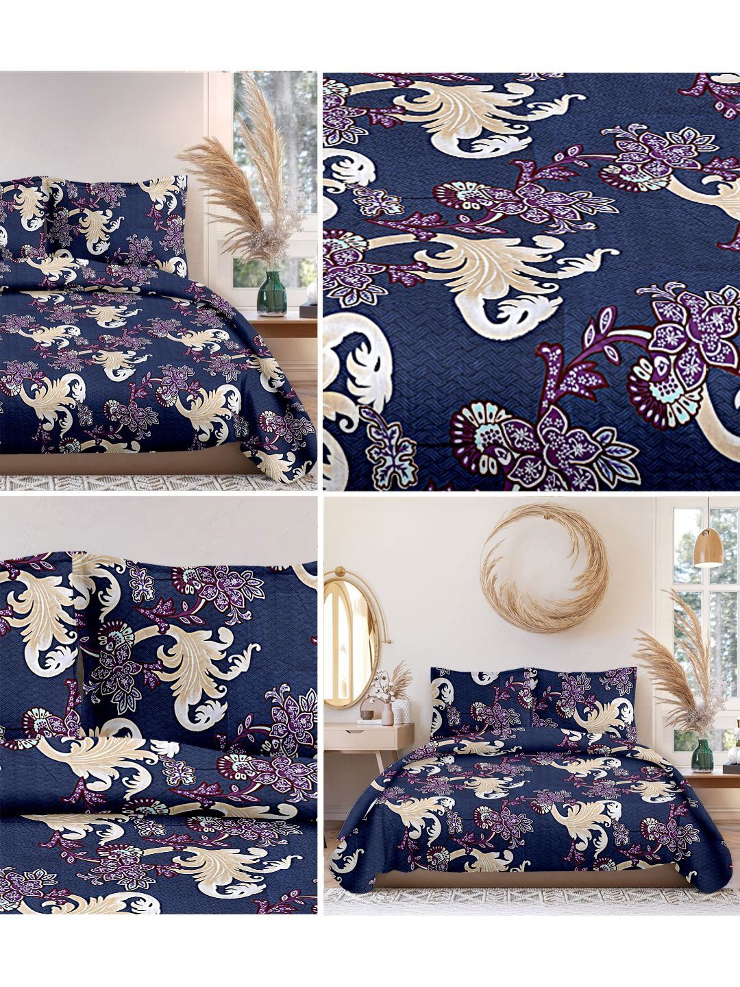 Cortina Glazed Cotton Navy Blue Paisley  140 TC King Bedsheet with 2 Pillow Covers