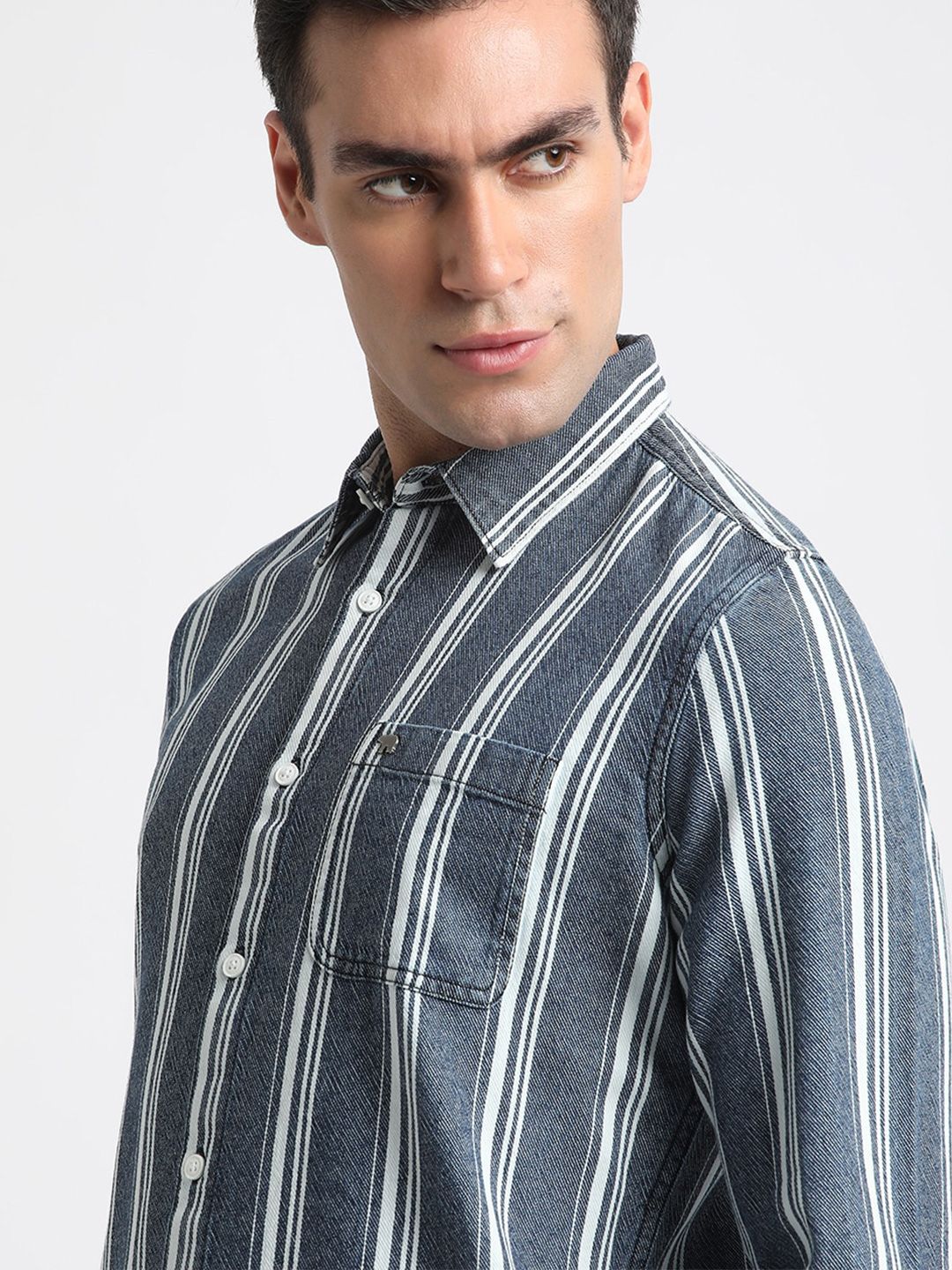 THE BEAR HOUSE Slim Fit Striped Twill Pure Cotton Casual Shirt