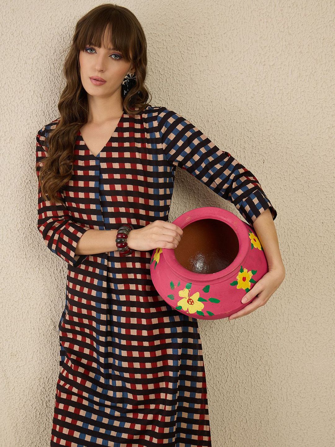 Indo Era Geometric Printed Shirt Collar Pure Cotton Straight Kurta With Trnousers