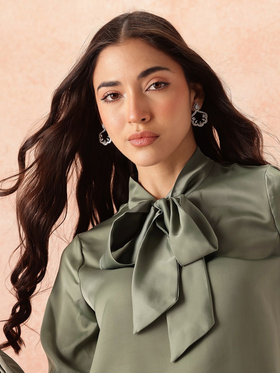 all about you Front Tie-Up Satin Top with Flared Trousers