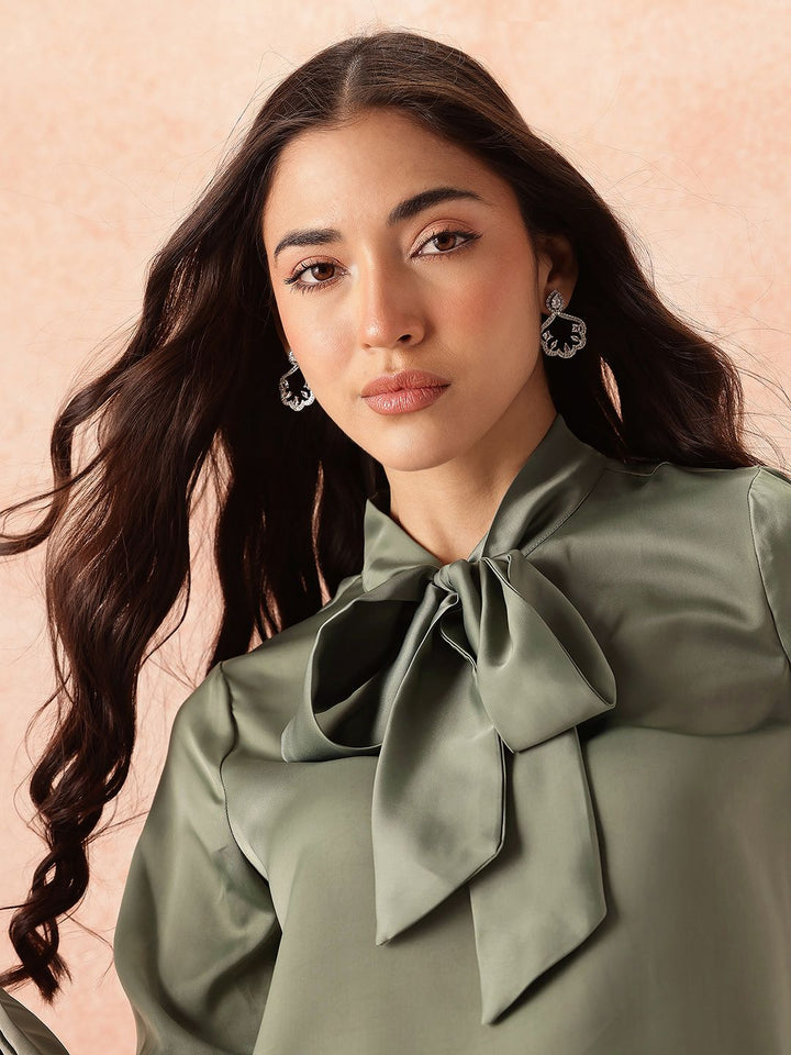 all about you Front Tie-Up Satin Top with Flared Trousers