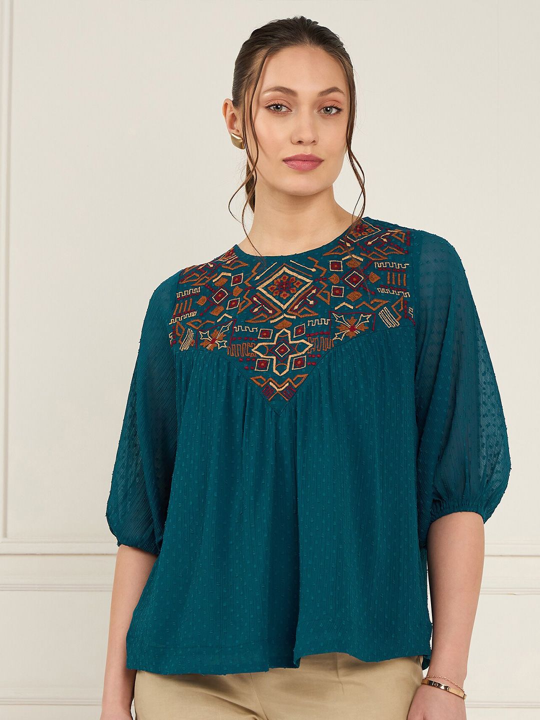 Antheaa Embroidered Chiffon A-Line Top