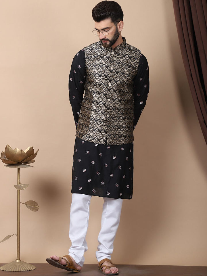 Anouk Black Floral Embroidered Sequinned Cotton Silk Kurta with Churidar & Nehru Jacket