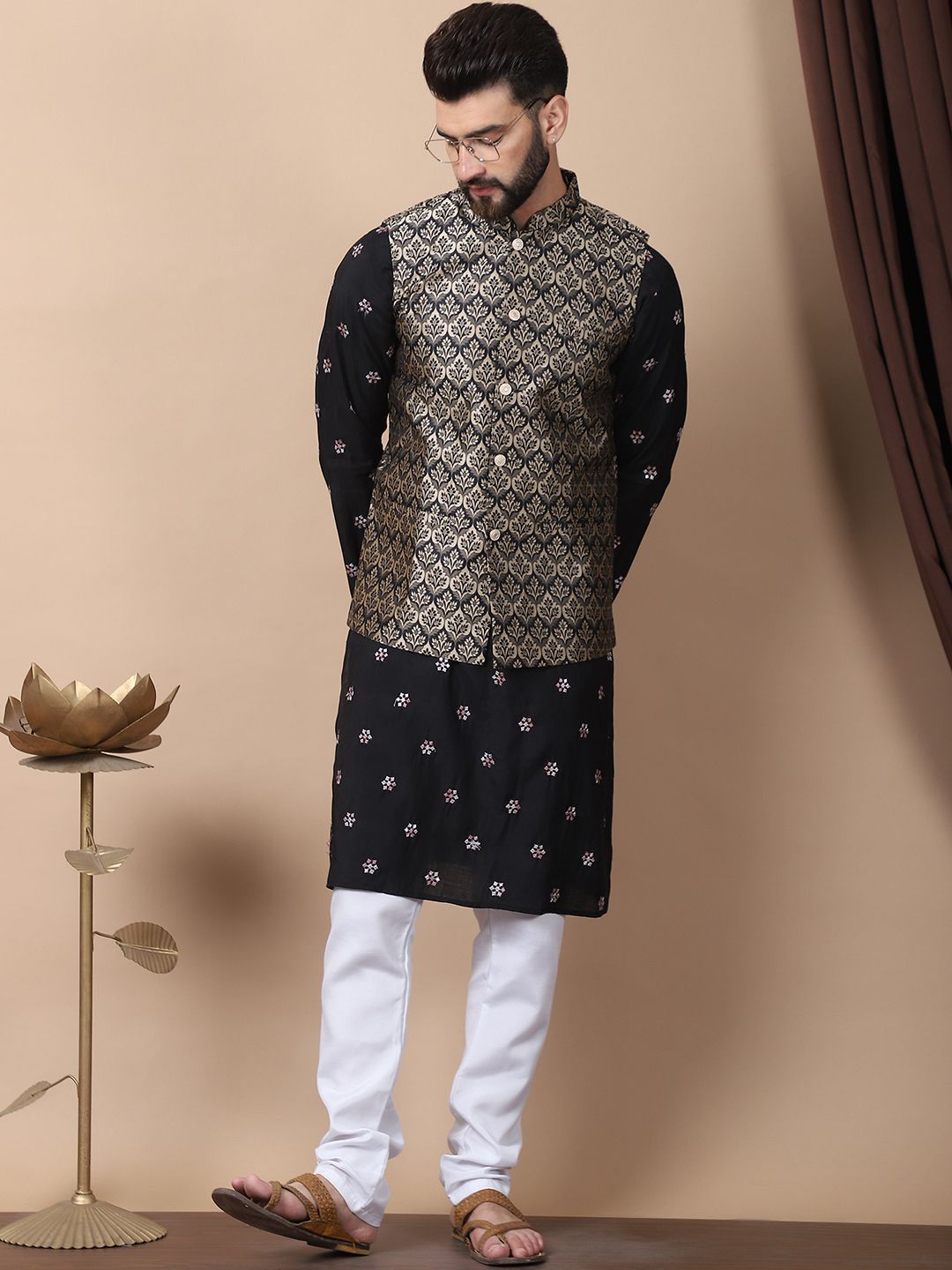 Anouk Black Floral Embroidered Sequinned Cotton Silk Kurta with Churidar & Nehru Jacket