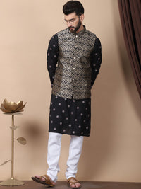 Anouk Black Floral Embroidered Sequinned Cotton Silk Kurta with Churidar & Nehru Jacket