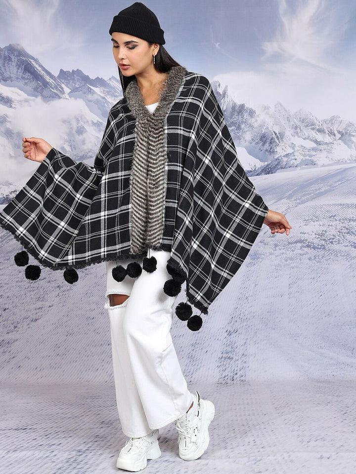 Tokyo Talkies Checked Tasselled Open Front Flannel Checked Shrug