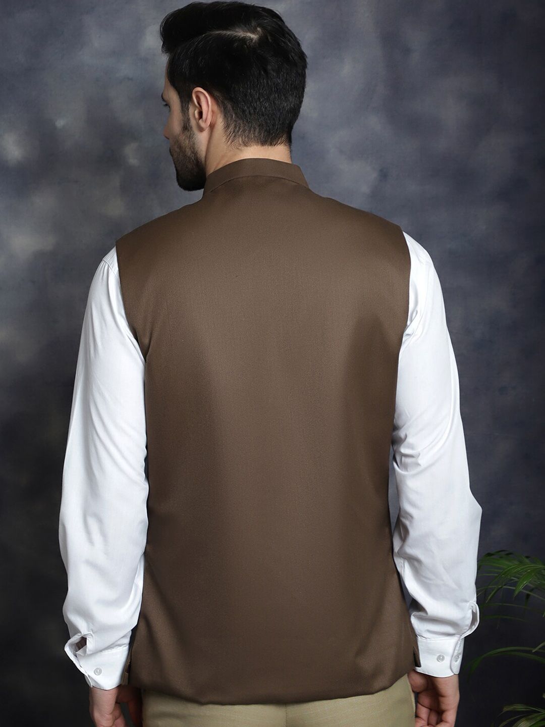 Anouk Brown Mandarin Collar Woven Nehru Jacket