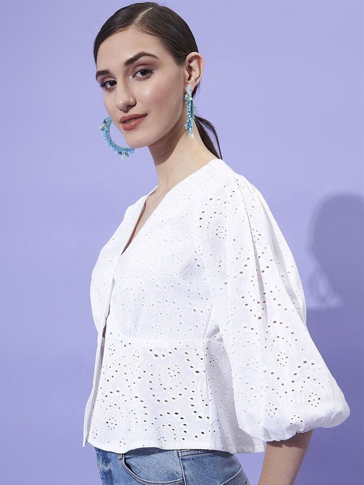 Athena V-Neck Puff Sleeves Schiffli Empire Top