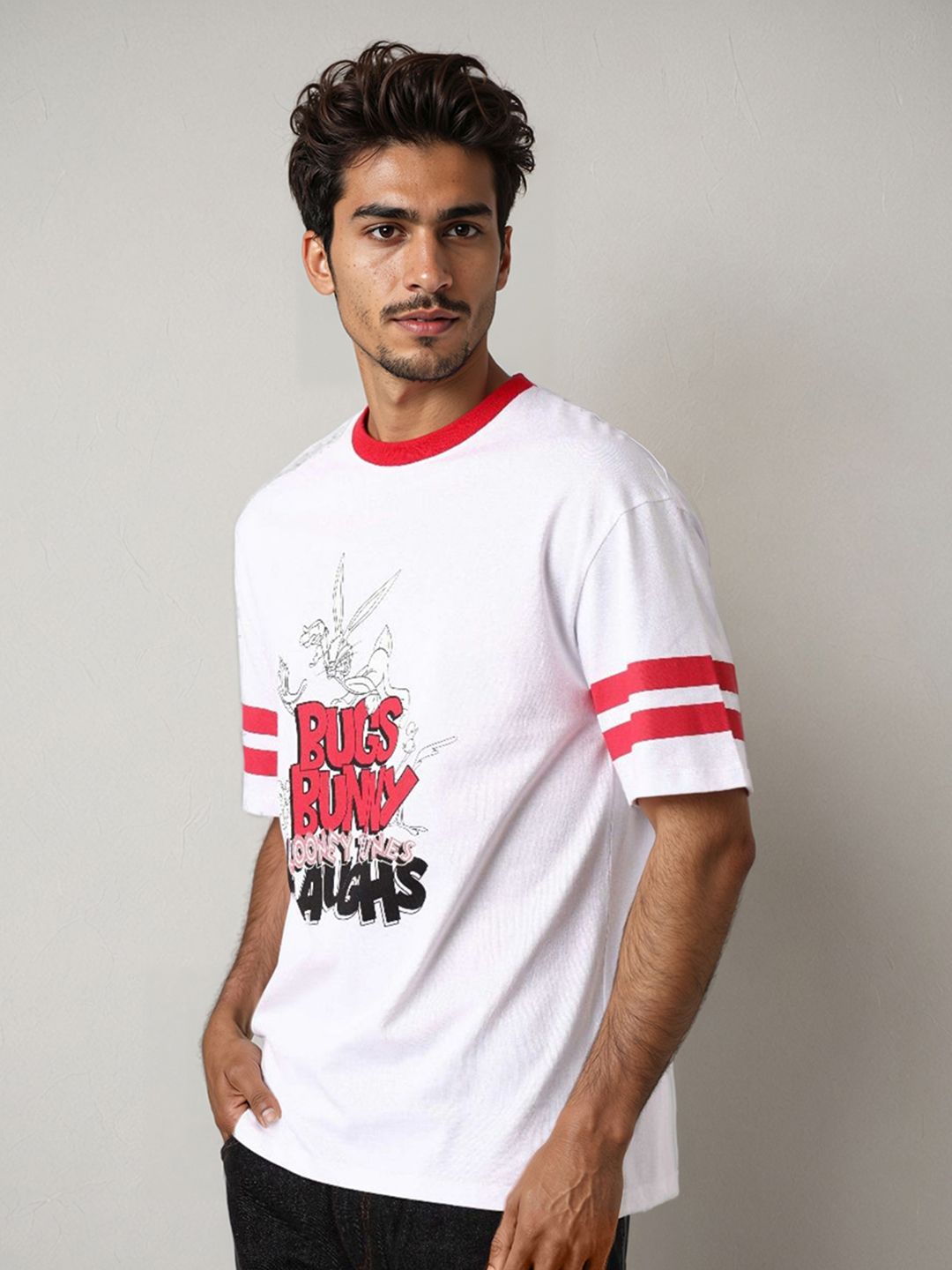 The Indian Garage Co Men Bugs Bunny Typography Printed Cotton Relaxed Fit T-shirt