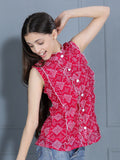 Cutiekins Pink Print Mandarin Collar Crepe Shirt Style Top