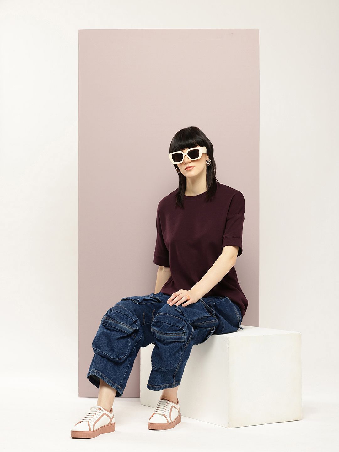 DILLINGER Women Oversized Drop Shoulder Ultra Soft Drapey Cotton Crew Neck T-Shirt