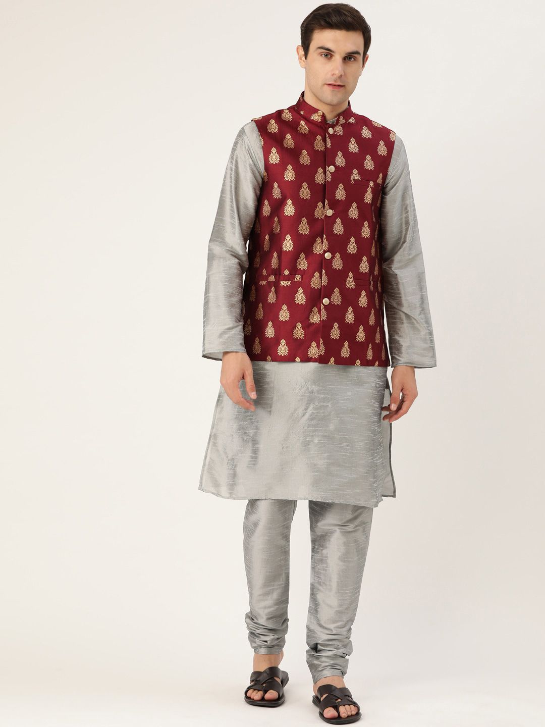 SOJANYA Mandarin Collar Straight Regular Kurta With Churidar & Nehru Jacket