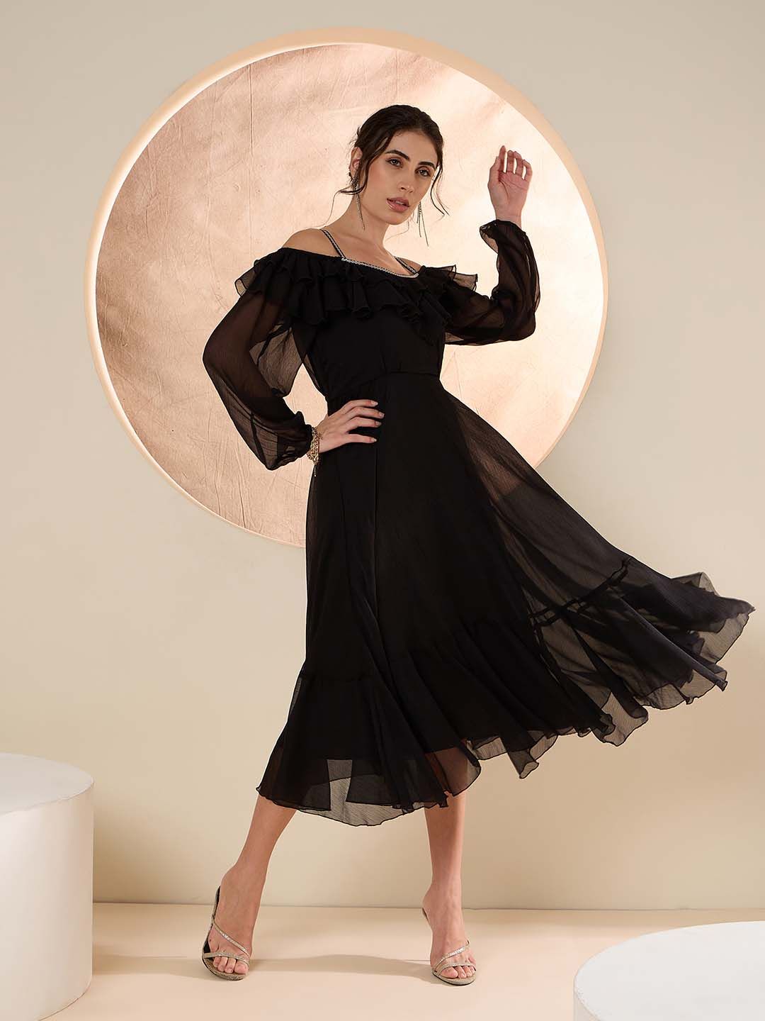 Antheaa Embellished Puff Sleeve frilled Fit and Flare Midi Dress