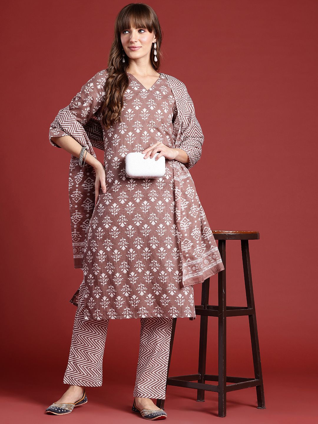 Anouk Floral Printed Pure Cotton Kurta With Trousers & Dupatta