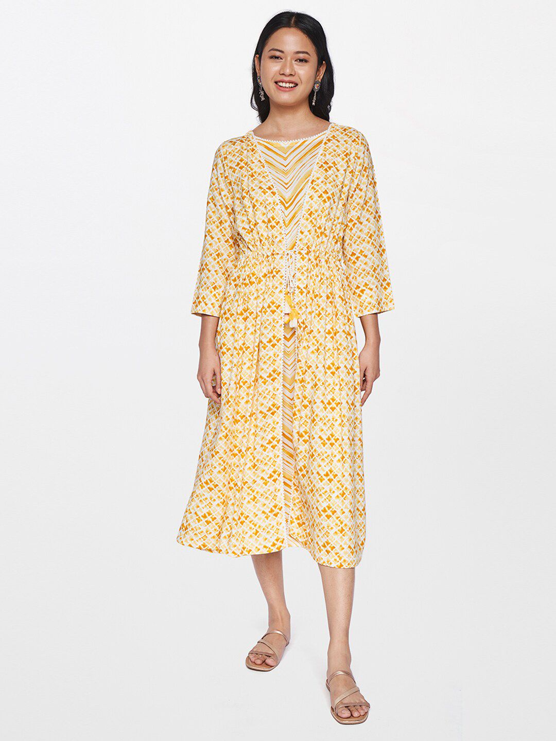 Global Desi Yellow Floral Layered A-Line Midi Dress