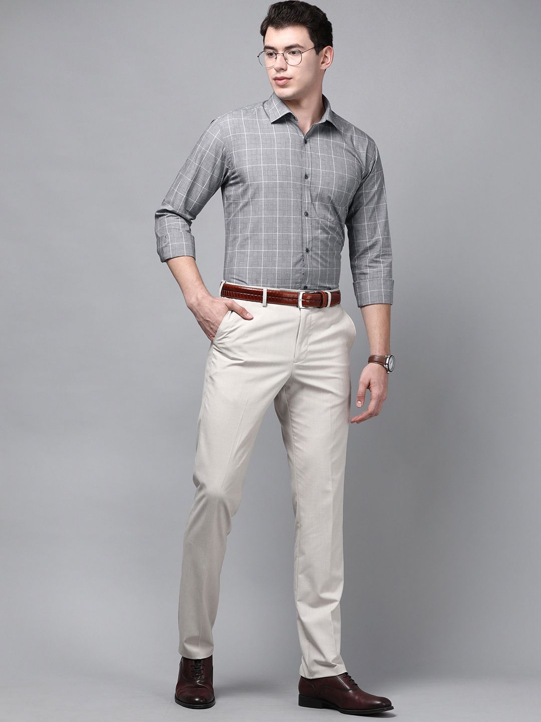 Park Avenue Men Grey Slim Fit Checked Pure Cotton Formal Shirt