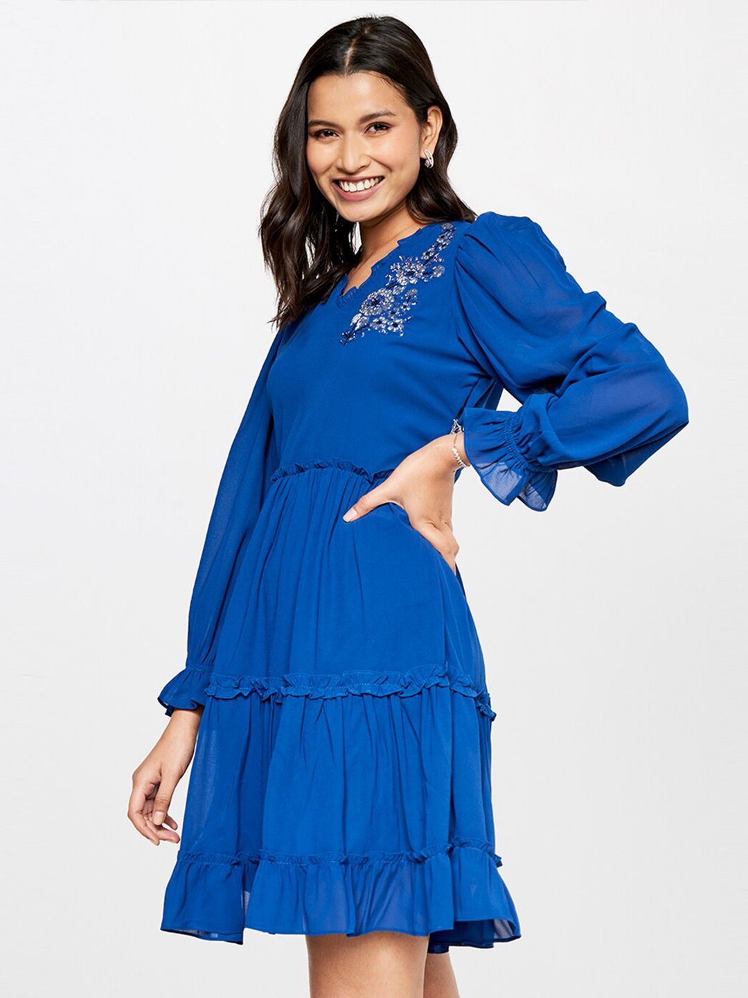 AND V-Neck Embellished Tiered Fit & Flare Dress