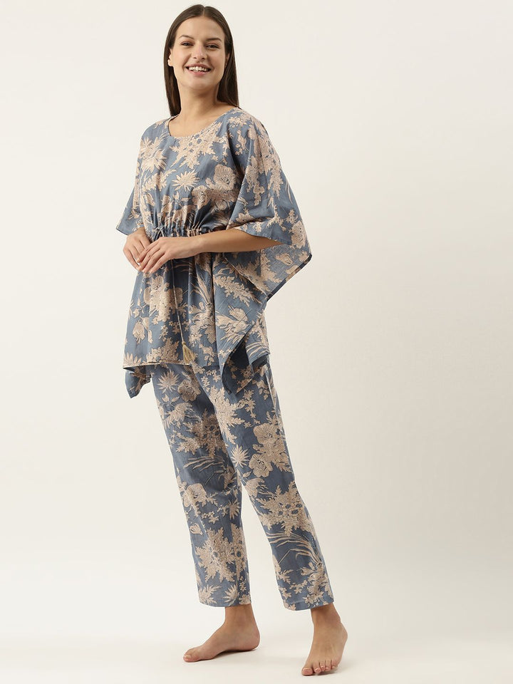 SANSKRUTIHOMES Women Blue & Beige Printed Cotton Night suit