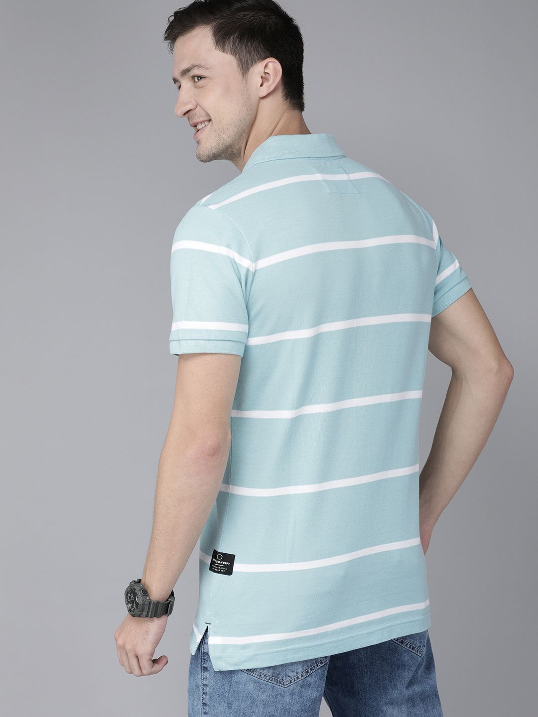 THE BEAR HOUSE Men Blue  White Striped Polo Collar Slim Fit Pure Cotton T-shirt