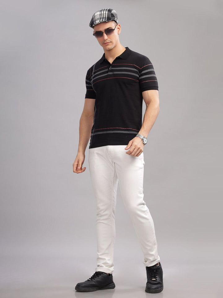 ADRO Striped Oversized Polo Collar Pure Cotton T-shirt