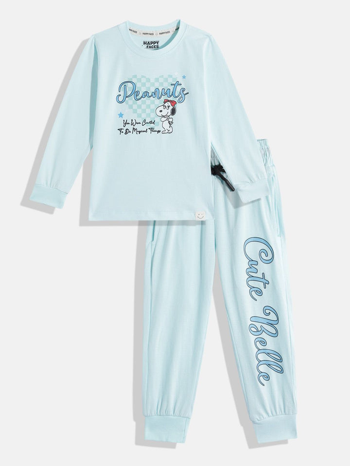 Happy Faces Girls Pure Cotton Peanuts Printed T-shirt with Joggers